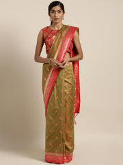 SMSAREE Olive Green Designer Wedding Partywear Kanjeevaram Art Silk Hand Embroidery Work Bridal Saree Sari With Blouse Piece YNF-29269