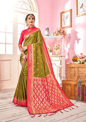 SMSAREE Olive Green Designer Wedding Partywear Kanjeevaram Art Silk Hand Embroidery Work Bridal Saree Sari With Blouse Piece YNF-29269