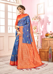 SMSAREE Blue Designer Wedding Partywear Kanjeevaram Art Silk Hand Embroidery Work Bridal Saree Sari With Blouse Piece YNF-29271