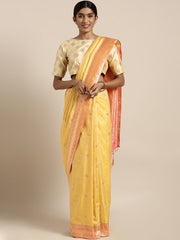 SMSAREE Yellow Designer Wedding Partywear Kanjeevaram Art Silk Hand Embroidery Work Bridal Saree Sari With Blouse Piece YNF-29272