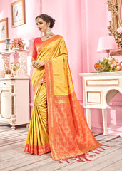 SMSAREE Yellow Designer Wedding Partywear Kanjeevaram Art Silk Hand Embroidery Work Bridal Saree Sari With Blouse Piece YNF-29272