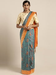 SMSAREE Teal Designer Wedding Partywear Kanjeevaram Art Silk Hand Embroidery Work Bridal Saree Sari With Blouse Piece YNF-29274