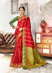 SMSAREE Red Designer Wedding Partywear Kanjeevaram Art Silk Hand Embroidery Work Bridal Saree Sari With Blouse Piece YNF-29330
