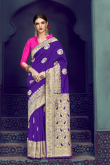 SMSAREE Purple Designer Wedding Partywear Banarasi Art Silk Hand Embroidery Work Bridal Saree Sari With Blouse Piece YNF-29351