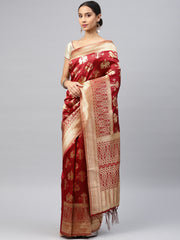 SMSAREE Red Designer Wedding Partywear Banarasi Art Silk Hand Embroidery Work Bridal Saree Sari With Blouse Piece YNF-29352
