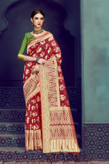SMSAREE Red Designer Wedding Partywear Banarasi Art Silk Hand Embroidery Work Bridal Saree Sari With Blouse Piece YNF-29352