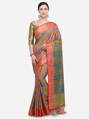 SMSAREE Multi Designer Wedding Partywear Ikkat Art Silk Hand Embroidery Work Bridal Saree Sari With Blouse Piece YNF-29358