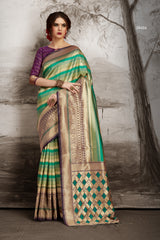 SMSAREE Green Designer Wedding Partywear Banarasi Art Silk Hand Embroidery Work Bridal Saree Sari With Blouse Piece YNF-29434