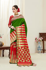 SMSAREE Red Designer Wedding Partywear Kanjeevaram Art Silk Hand Embroidery Work Bridal Saree Sari With Blouse Piece YNF-29439