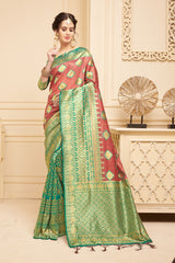 SMSAREE Green Designer Wedding Partywear Linen Art Silk Hand Embroidery Work Bridal Saree Sari With Blouse Piece YNF-29450