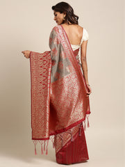 SMSAREE Red Designer Wedding Partywear Linen Art Silk Hand Embroidery Work Bridal Saree Sari With Blouse Piece YNF-29453