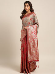 SMSAREE Red Designer Wedding Partywear Linen Art Silk Hand Embroidery Work Bridal Saree Sari With Blouse Piece YNF-29453