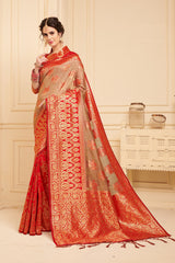 SMSAREE Red Designer Wedding Partywear Linen Art Silk Hand Embroidery Work Bridal Saree Sari With Blouse Piece YNF-29453
