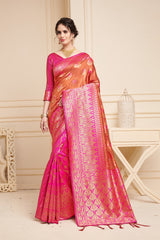 SMSAREE Pink Designer Wedding Partywear Linen Art Silk Hand Embroidery Work Bridal Saree Sari With Blouse Piece YNF-29456