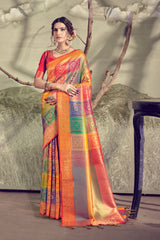 SMSAREE Multi Designer Wedding Partywear Banarasi Art Silk Hand Embroidery Work Bridal Saree Sari With Blouse Piece YNF-29457