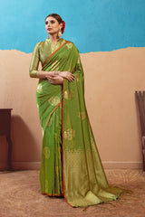 SMSAREE Olive Green Designer Wedding Partywear Kanjeevaram Art Silk Hand Embroidery Work Bridal Saree Sari With Blouse Piece YNF-29522