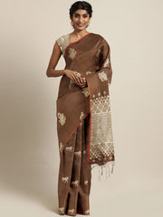 SMSAREE Brown Designer Wedding Partywear Kanjeevaram Art Silk Hand Embroidery Work Bridal Saree Sari With Blouse Piece YNF-29530