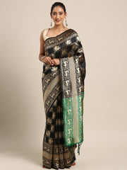 SMSAREE Black Designer Wedding Partywear Kanjeevaram Art Silk Hand Embroidery Work Bridal Saree Sari With Blouse Piece YNF-29541