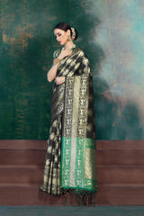 SMSAREE Black Designer Wedding Partywear Kanjeevaram Art Silk Hand Embroidery Work Bridal Saree Sari With Blouse Piece YNF-29541