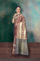 SMSAREE Maroon Designer Wedding Partywear Kanjeevaram Art Silk Hand Embroidery Work Bridal Saree Sari With Blouse Piece YNF-29545