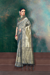 SMSAREE Charcoal Designer Wedding Partywear Kanjeevaram Art Silk Hand Embroidery Work Bridal Saree Sari With Blouse Piece YNF-29547
