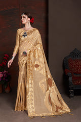 SMSAREE Brown Designer Wedding Partywear Linen Art Silk Hand Embroidery Work Bridal Saree Sari With Blouse Piece YNF-29558