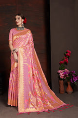 SMSAREE Pink Designer Wedding Partywear Linen Art Silk Hand Embroidery Work Bridal Saree Sari With Blouse Piece YNF-29564