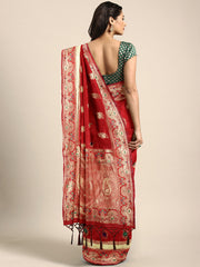SMSAREE Red Designer Wedding Partywear Banarasi Art Silk Hand Embroidery Work Bridal Saree Sari With Blouse Piece YNF-29575