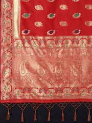 SMSAREE Red Designer Wedding Partywear Banarasi Art Silk Hand Embroidery Work Bridal Saree Sari With Blouse Piece YNF-29575