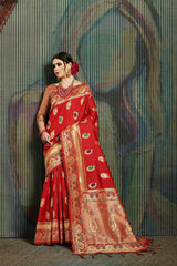 SMSAREE Red Designer Wedding Partywear Banarasi Art Silk Hand Embroidery Work Bridal Saree Sari With Blouse Piece YNF-29575