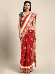 SMSAREE Red Designer Wedding Partywear Banarasi Art Silk Hand Embroidery Work Bridal Saree Sari With Blouse Piece YNF-29575