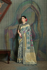 SMSAREE Grey Designer Wedding Partywear Banarasi Art Silk Hand Embroidery Work Bridal Saree Sari With Blouse Piece YNF-29576
