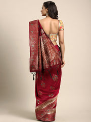 SMSAREE Maroon Designer Wedding Partywear Banarasi Art Silk Hand Embroidery Work Bridal Saree Sari With Blouse Piece YNF-29577