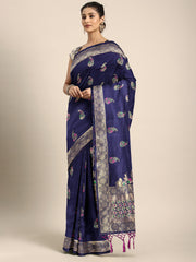 SMSAREE Navy Blue Designer Wedding Partywear Banarasi Art Silk Hand Embroidery Work Bridal Saree Sari With Blouse Piece YNF-29578