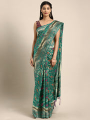 SMSAREE Green Designer Wedding Partywear Banarasi Art Silk Hand Embroidery Work Bridal Saree Sari With Blouse Piece YNF-29579