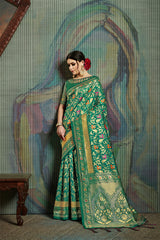 SMSAREE Green Designer Wedding Partywear Banarasi Art Silk Hand Embroidery Work Bridal Saree Sari With Blouse Piece YNF-29579