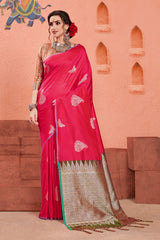 SMSAREE Pink Designer Wedding Partywear Kanjeevaram Art Silk Hand Embroidery Work Bridal Saree Sari With Blouse Piece YNF-29612