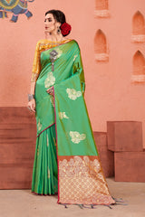 SMSAREE Green Designer Wedding Partywear Kanjeevaram Art Silk Hand Embroidery Work Bridal Saree Sari With Blouse Piece YNF-29619