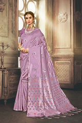 SMSAREE Purple Designer Wedding Partywear Kanjeevaram Art Silk Hand Embroidery Work Bridal Saree Sari With Blouse Piece YNF-29662