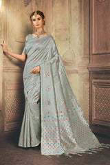 SMSAREE Charcoal Designer Wedding Partywear Kanjeevaram Art Silk Hand Embroidery Work Bridal Saree Sari With Blouse Piece YNF-29665