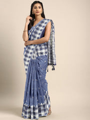 SMSAREE Blue Designer Wedding Partywear Linen Art Silk Hand Embroidery Work Bridal Saree Sari With Blouse Piece YNF-29669