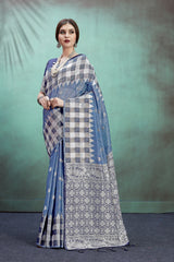 SMSAREE Blue Designer Wedding Partywear Linen Art Silk Hand Embroidery Work Bridal Saree Sari With Blouse Piece YNF-29669