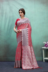 SMSAREE Maroon Designer Wedding Partywear Linen Art Silk Hand Embroidery Work Bridal Saree Sari With Blouse Piece YNF-29670