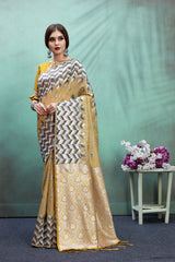 SMSAREE Mustard Designer Wedding Partywear Linen Art Silk Hand Embroidery Work Bridal Saree Sari With Blouse Piece YNF-29672
