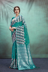 SMSAREE Sea Green Designer Wedding Partywear Linen Art Silk Hand Embroidery Work Bridal Saree Sari With Blouse Piece YNF-29673