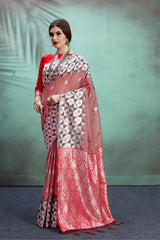SMSAREE Red Designer Wedding Partywear Linen Art Silk Hand Embroidery Work Bridal Saree Sari With Blouse Piece YNF-29674