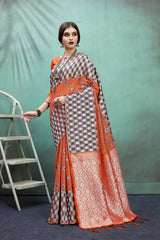 SMSAREE Orange Designer Wedding Partywear Linen Art Silk Hand Embroidery Work Bridal Saree Sari With Blouse Piece YNF-29675