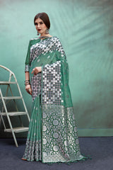 SMSAREE Green Designer Wedding Partywear Linen Art Silk Hand Embroidery Work Bridal Saree Sari With Blouse Piece YNF-29677