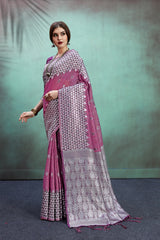 SMSAREE Purple Designer Wedding Partywear Linen Art Silk Hand Embroidery Work Bridal Saree Sari With Blouse Piece YNF-29678