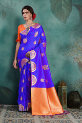 SMSAREE Blue Designer Wedding Partywear Kanjeevaram Art Silk Hand Embroidery Work Bridal Saree Sari With Blouse Piece YNF-29682